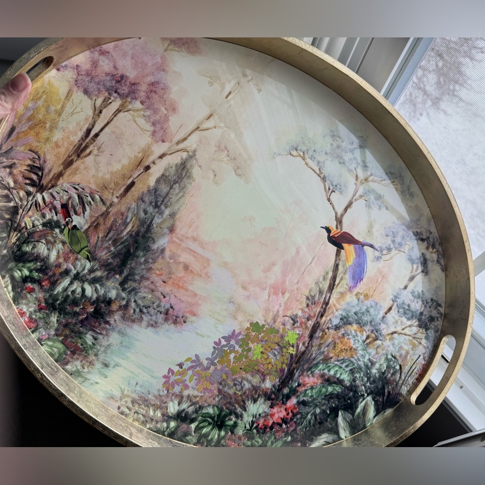 Anthropologie Gold and Multicolor Bird Alexandra Lacquer Tray 24"L X 18.5"W New - Picture 4 of 5